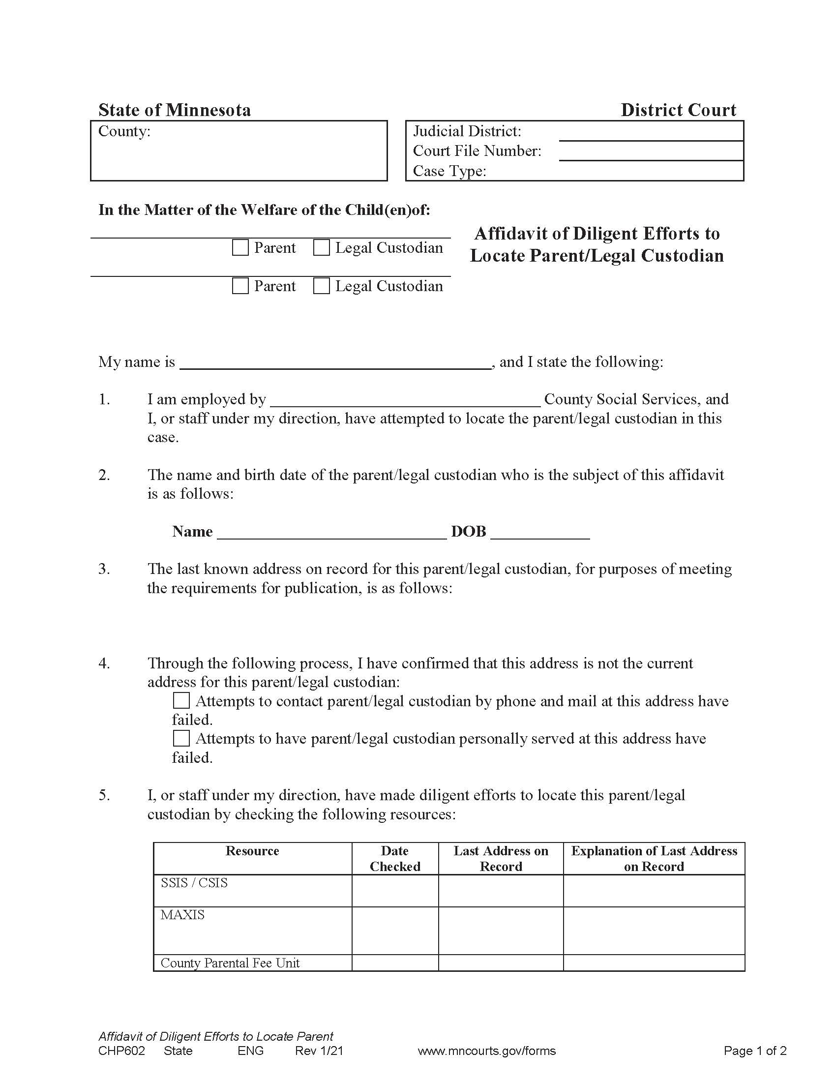 Affidavit Of Diligent Efforts To Locate Parent Legal Custodian {CHP-602} | Pdf Fpdf Doc Docx | Minnesota