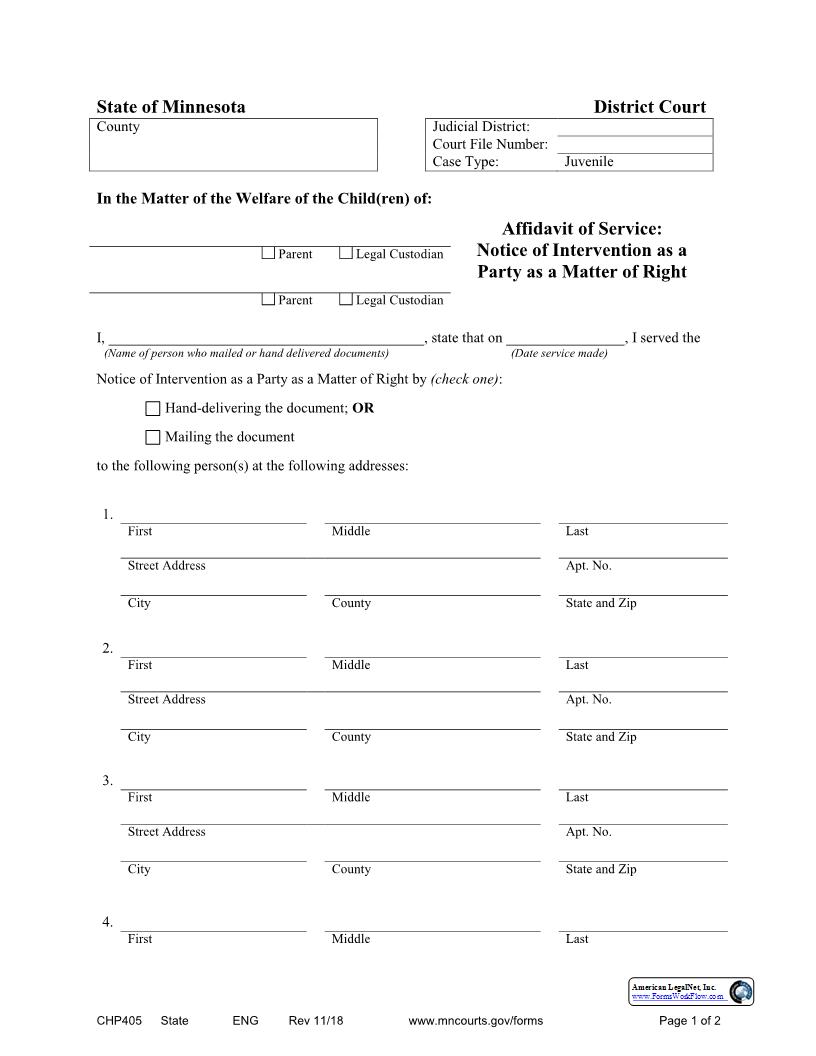 Affidavit Of Service Notice Of Intervention As A Party As A Matter Of Right {CHP-405} | Pdf Fpdf Docx | Minnesota