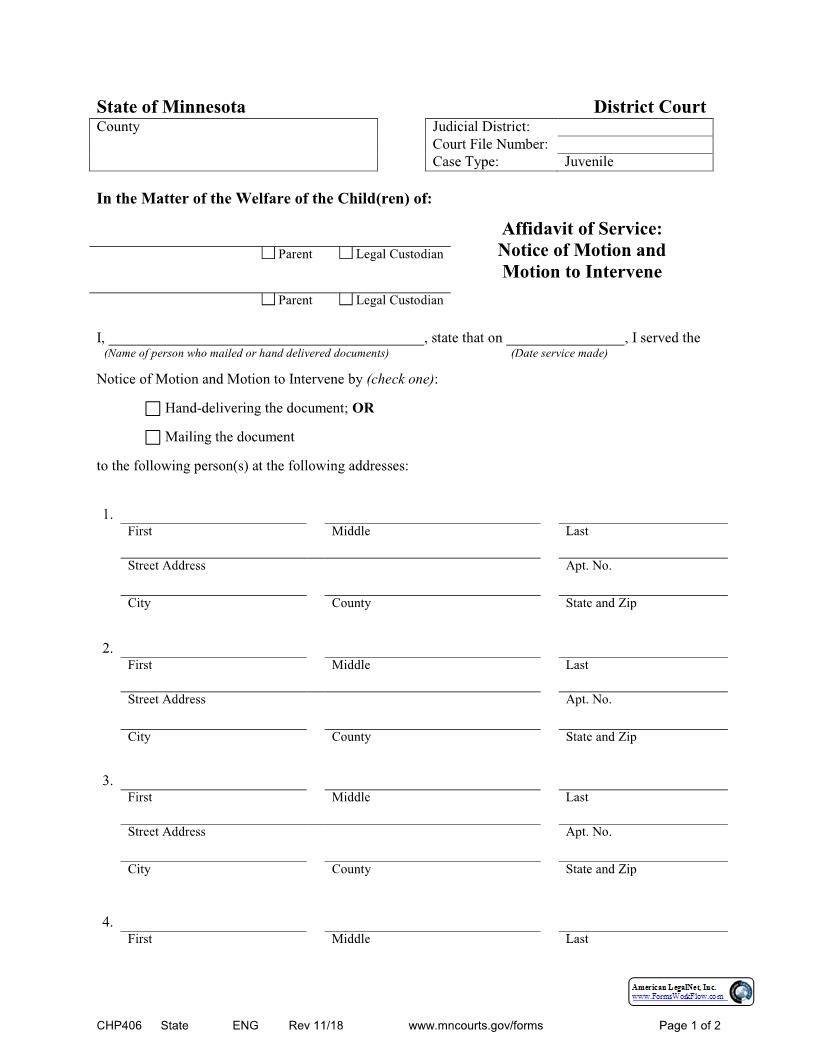 Affidavit Of Service Notice Of Motion And Motion To Intervene {CHP-406} | Pdf Fpdf Docx | Minnesota