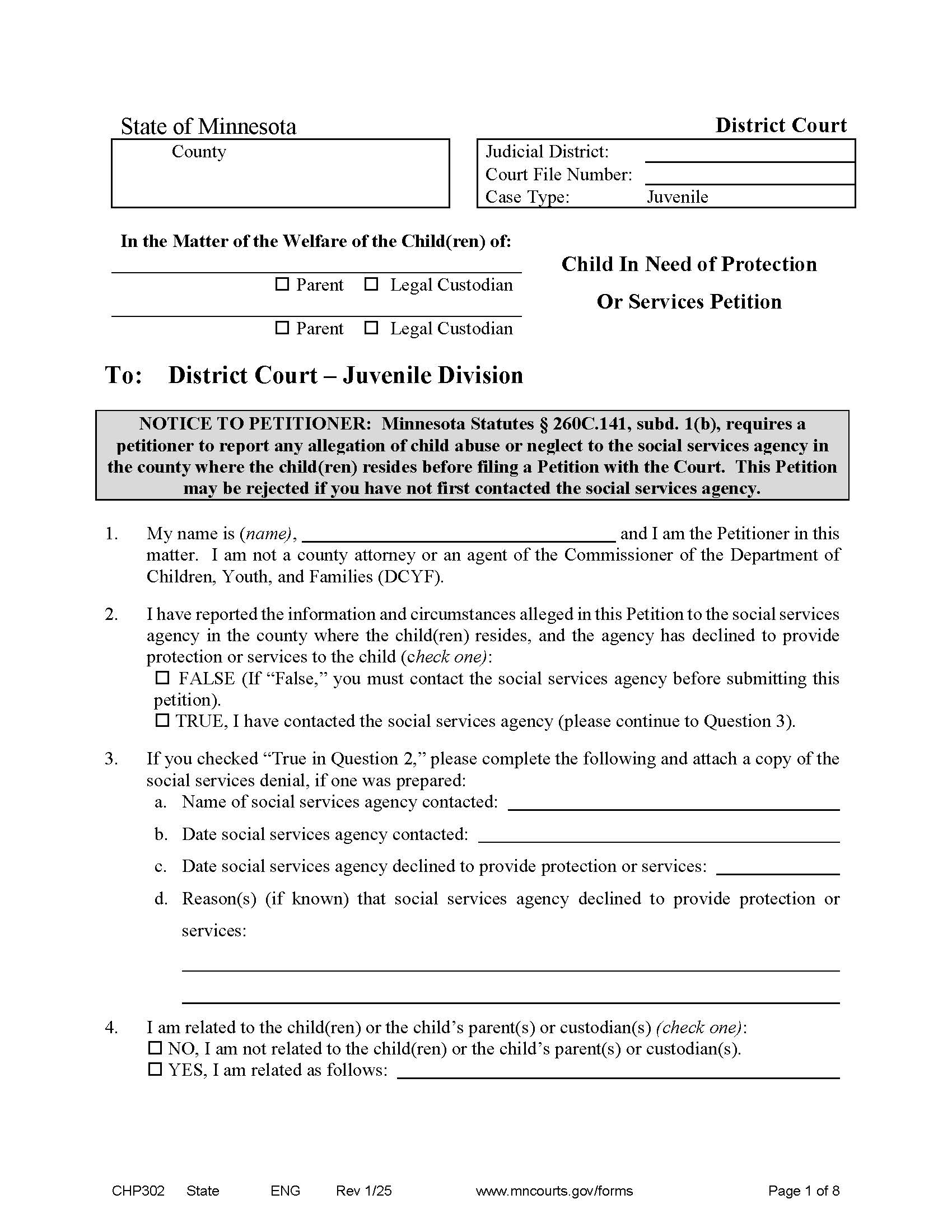 Child In Need Of Protection Or Services Petition {CHP-302} | Pdf Fpdf Doc Docx | Minnesota