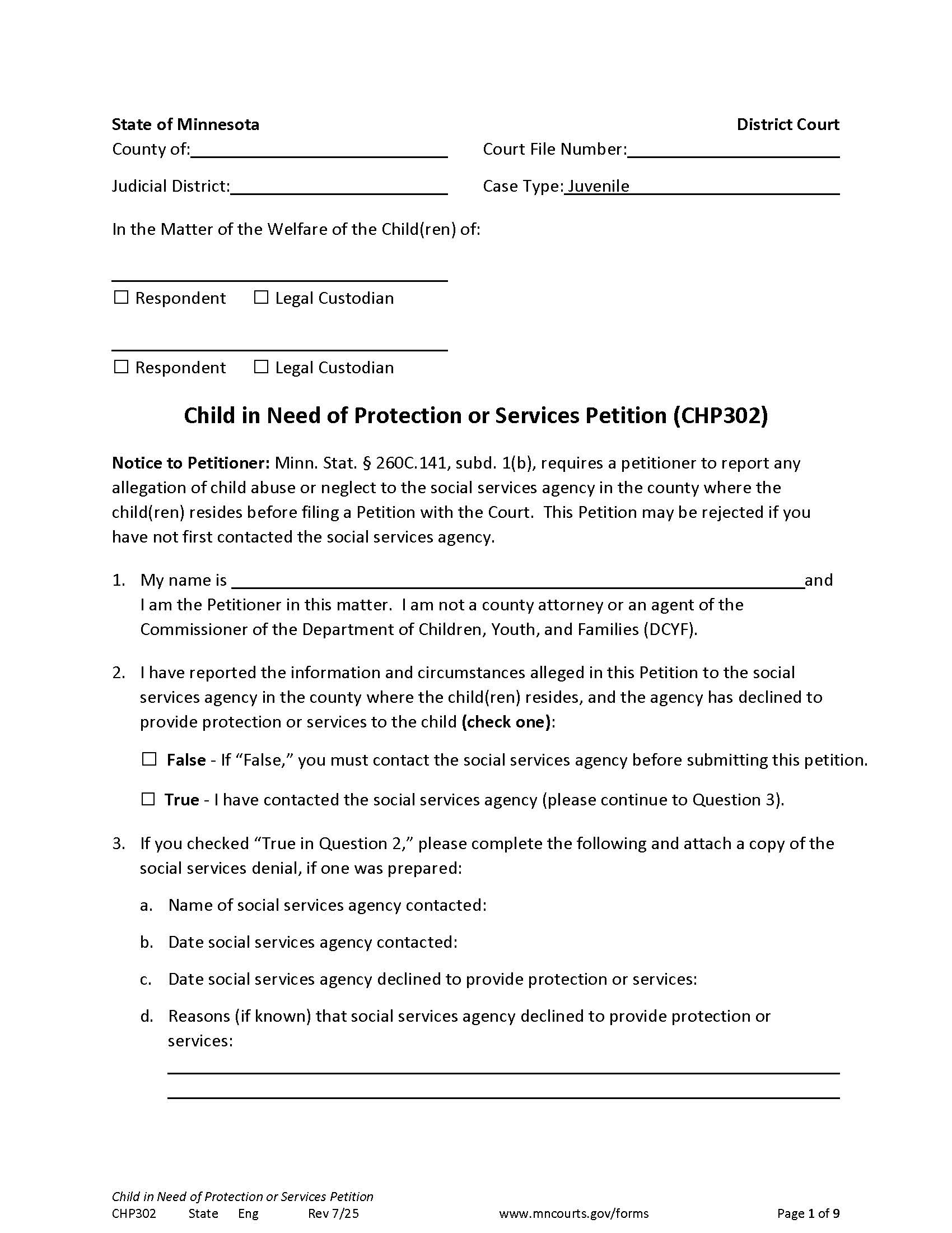 Child In Need Of Protection Or Services Petition {CHP-302} | Pdf Fpdf Doc Docx | Minnesota