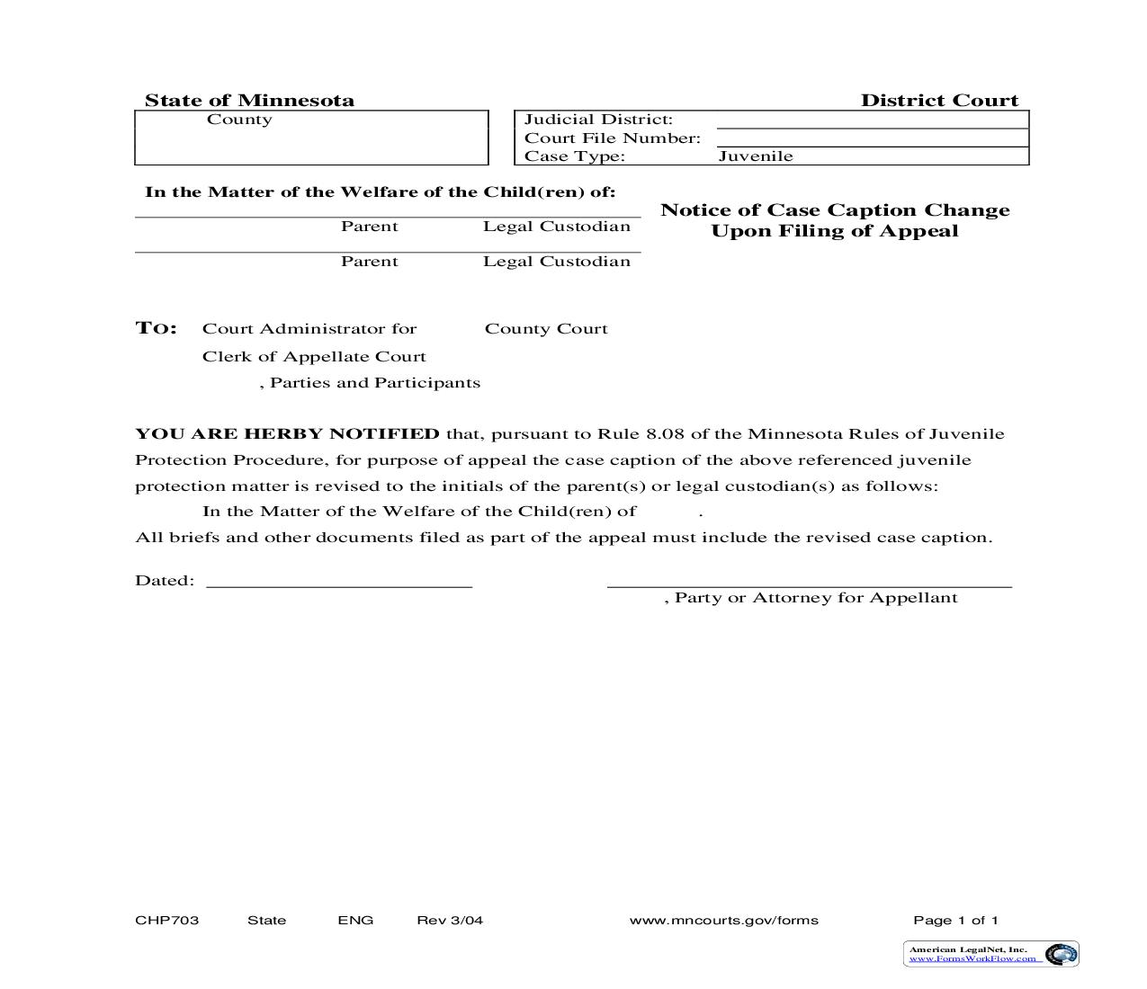 Notice Of Case Caption Change Upon Filing Of Appeal {CHP-703} | Pdf Fpdf Doc Docx | Minnesota