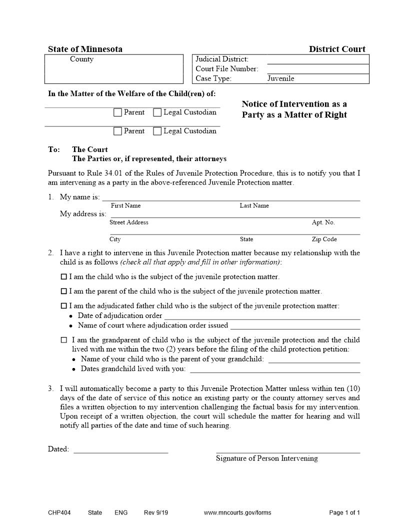 Notice Of Intervention As A Matter Of Right {CHP-404} | Pdf Fpdf Doc Docx | Minnesota