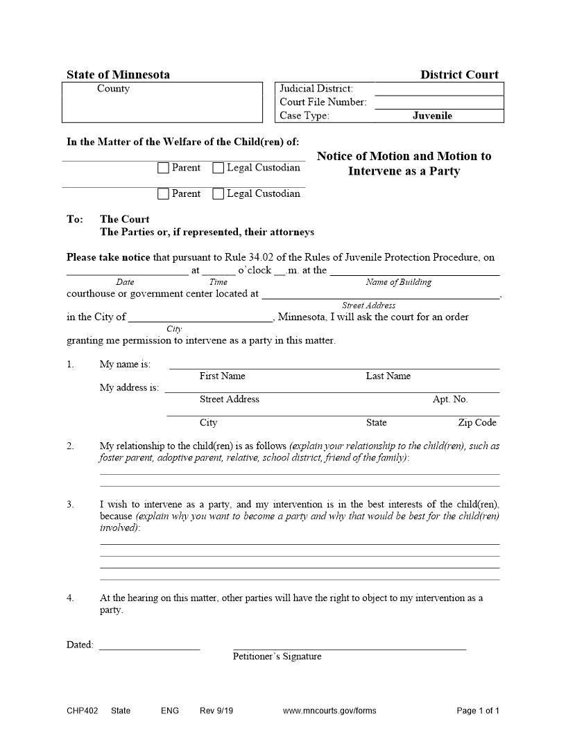 Notice Of Motion And Motion To Intervene As A Party {CHP-402} | Pdf Fpdf Doc Docx | Minnesota