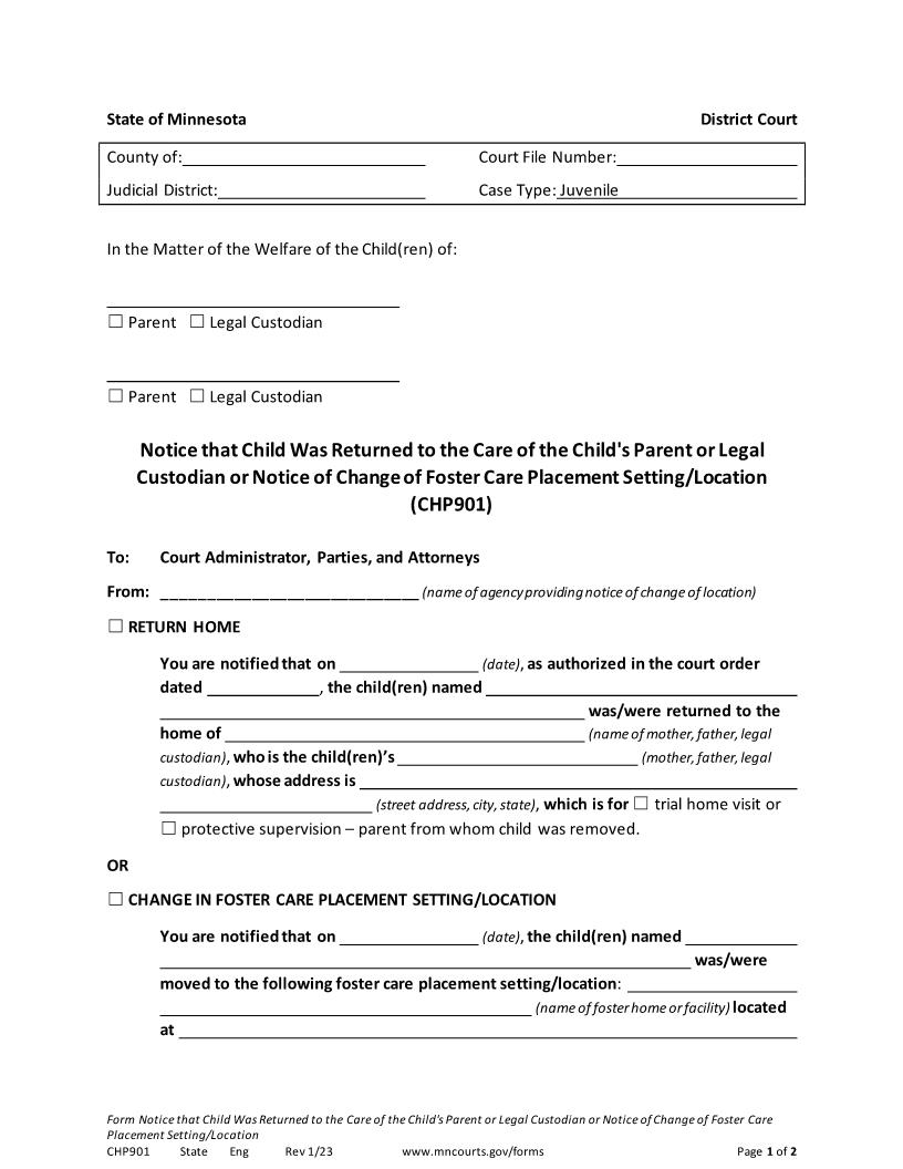 Notice That Child Was Returned To The Care Of Childs Parent {CHP-901} | Pdf Fpdf Docx | Minnesota
