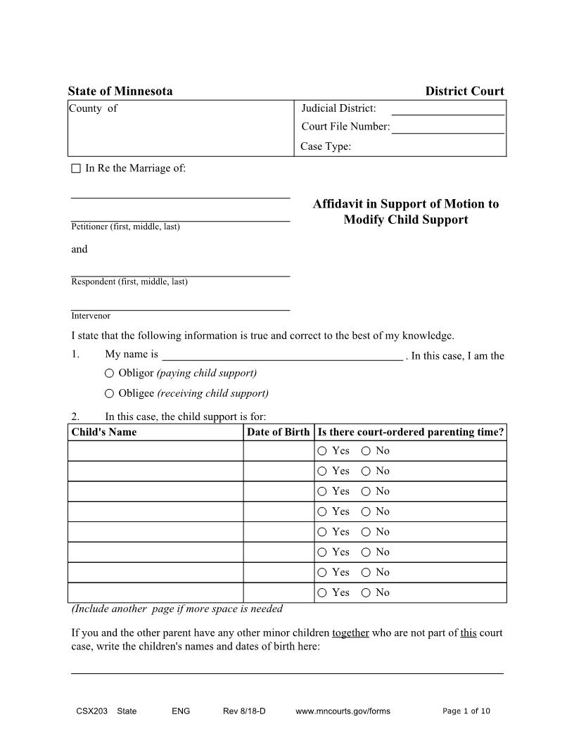 Affidavit In Support Of Motion To Modify Child Support {CSX-203} | Pdf Fpdf Docx | Minnesota