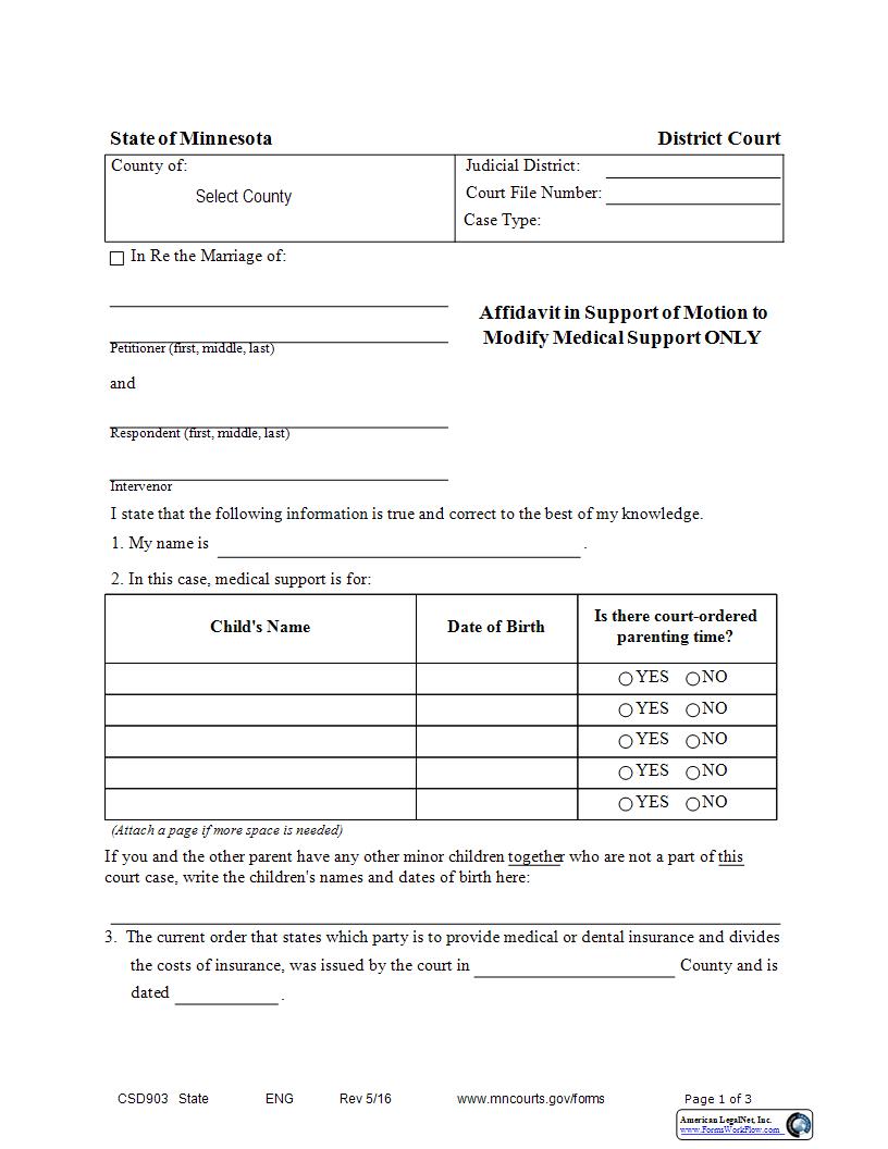 Affidavit In Support Of Motion To Modify Medical Support Only (District Court) {CSD-903} | Pdf Fpdf Docx | Minnesota