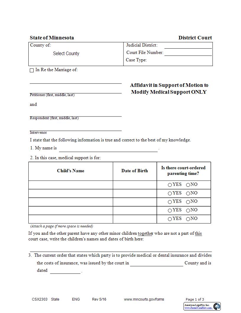 Affidavit In Support Of Motion To Modify Medical Support Only (Expedited Process) {CSX-2303} | Pdf Fpdf Docx | Minnesota