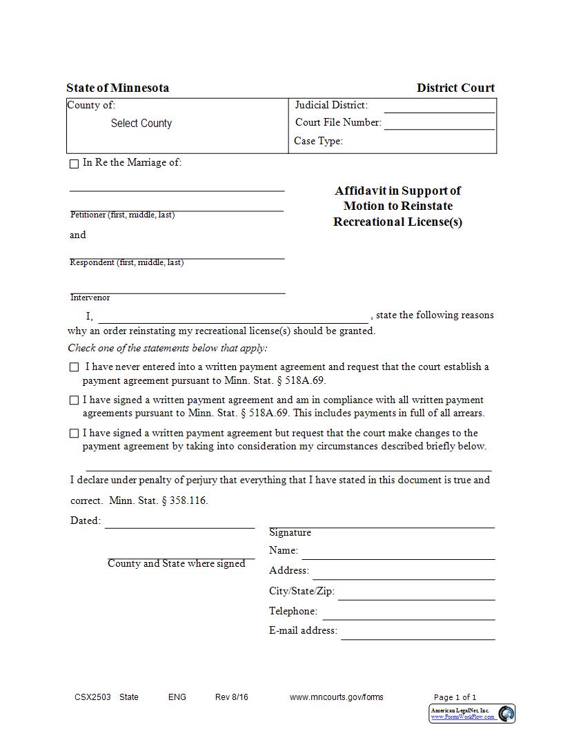 Affidavit In Support Of Motion To Reinstate Recreational License(s) {CSX-2503} | Pdf Fpdf Docx | Minnesota