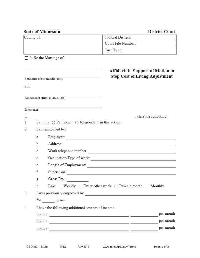 Affidavit In Support Of Motion To Stop COLA {CSD-403} | Pdf Fpdf Docx | Minnesota