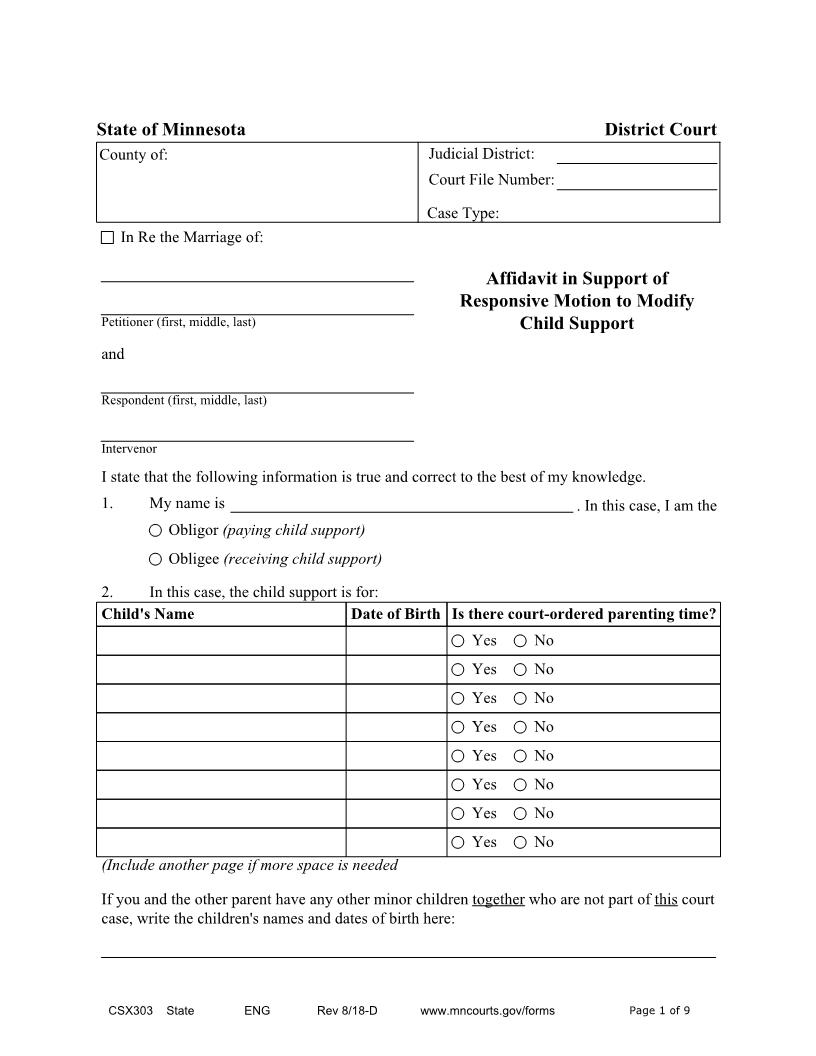 Affidavit In Support Of Responsive Motion To Modify Child Support {CSX-303} | Pdf Fpdf Docx | Minnesota