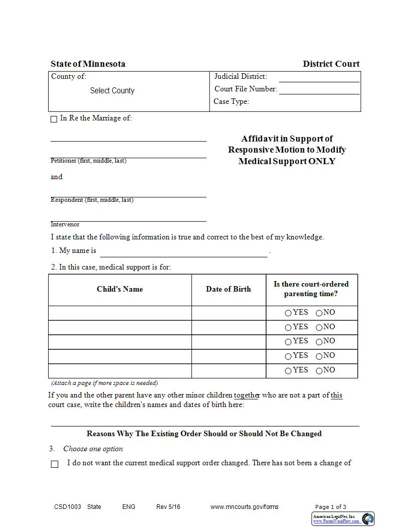 Affidavit In Support Of Responsive Motion To Modify Medical Support Only (District Court) {CSD-1003} | Pdf Fpdf Docx | Minnesota