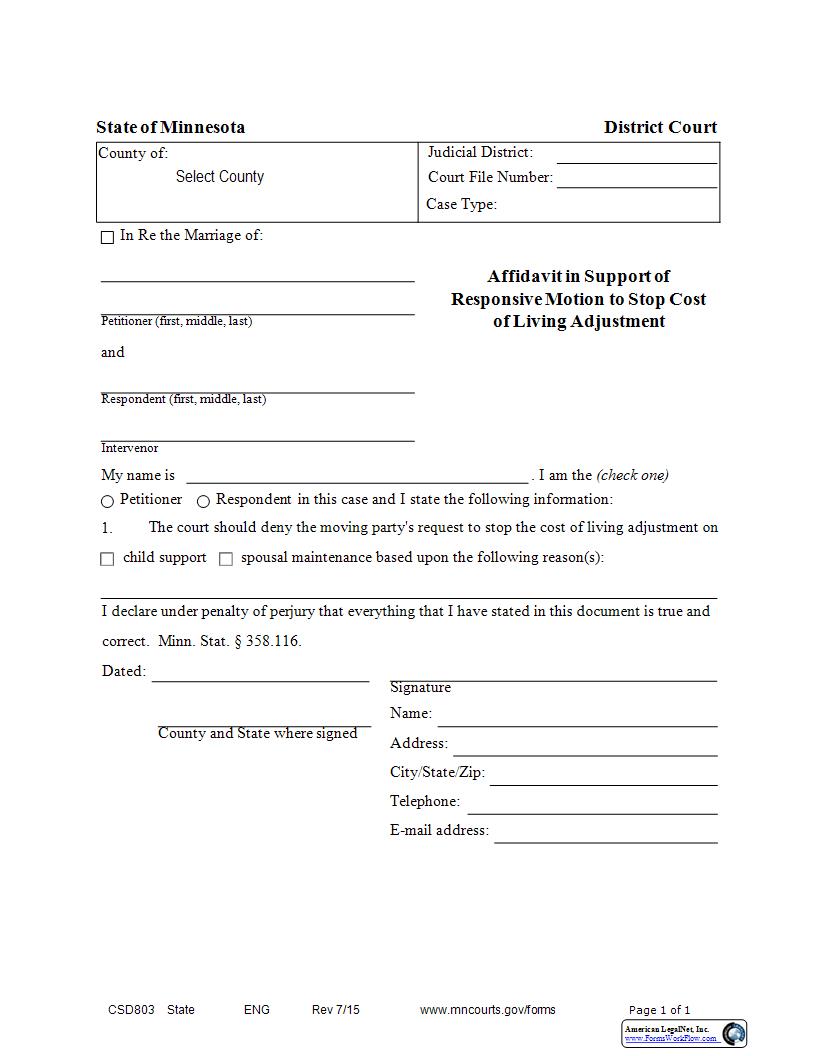 Affidavit In Support Of Responsive Motion To Stop COLA {CSD-803} | Pdf Fpdf Docx | Minnesota