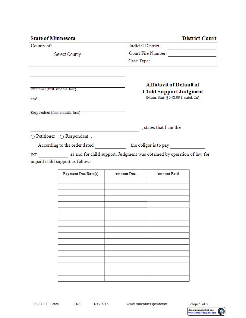 Affidavit Of Default Of Child Support Judgment {CSD-703} | Pdf Fpdf Docx | Minnesota