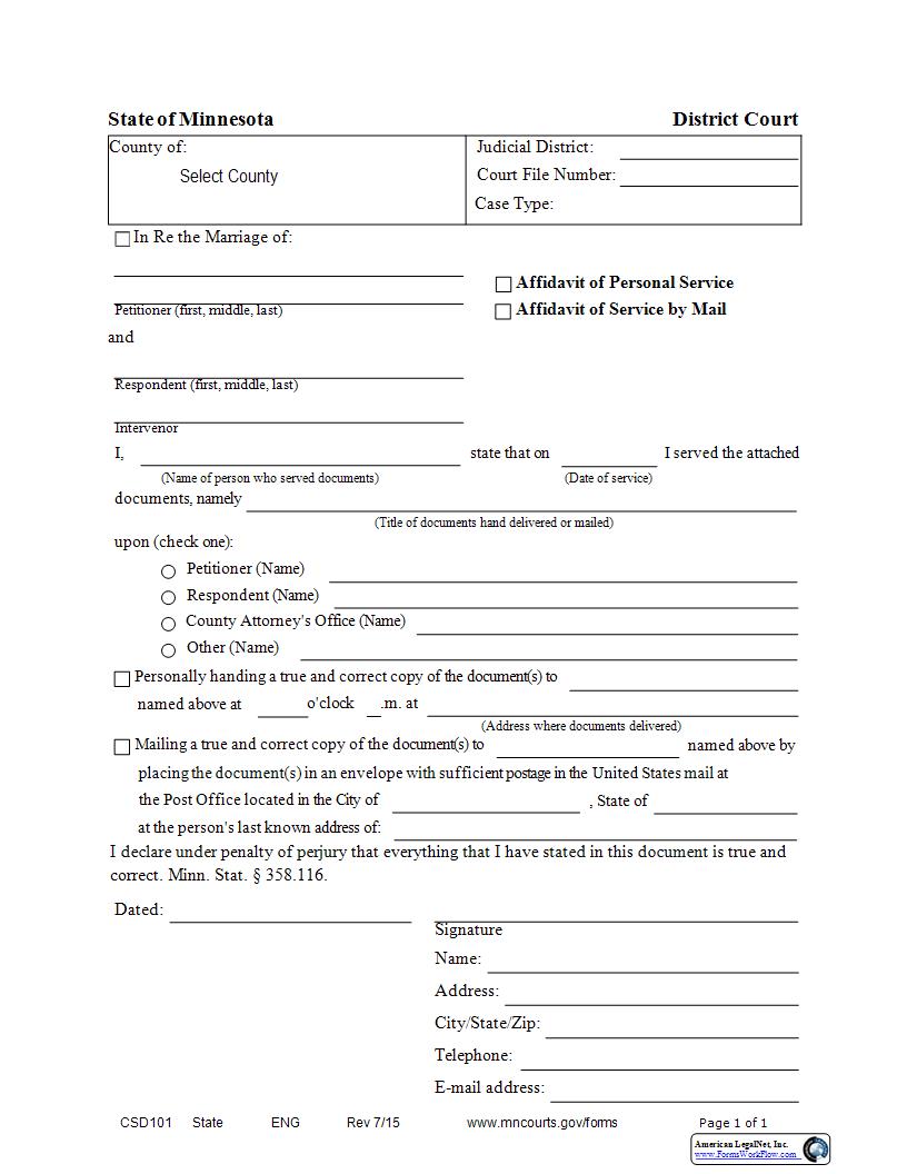 Affidavit Of Personal Service Or Affidavit Of Service By Mail {CSD-101} | Pdf Fpdf Docx | Minnesota