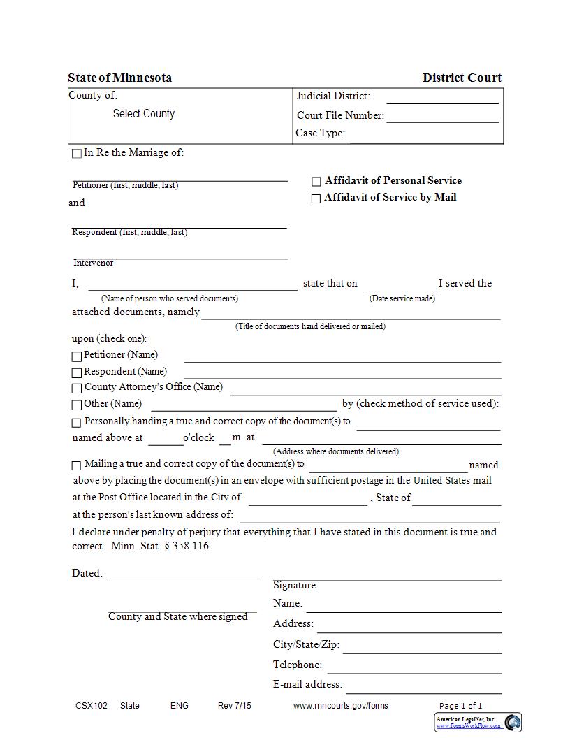 Affidavit Of Personal Service Or By Mail {CSX-102} | Pdf Fpdf Docx | Minnesota