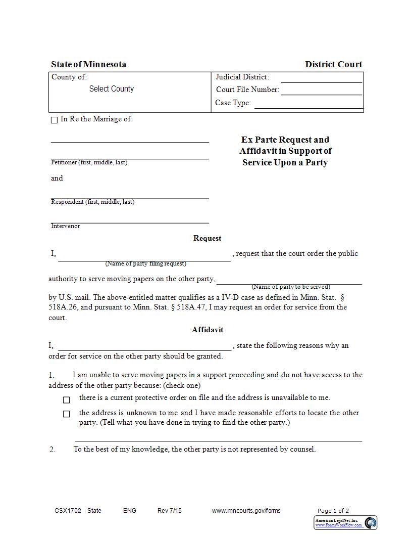 Ex Parte Request And Affidavit In Support Of Service Upon A Party {CSX-1702} | Pdf Fpdf Docx | Minnesota