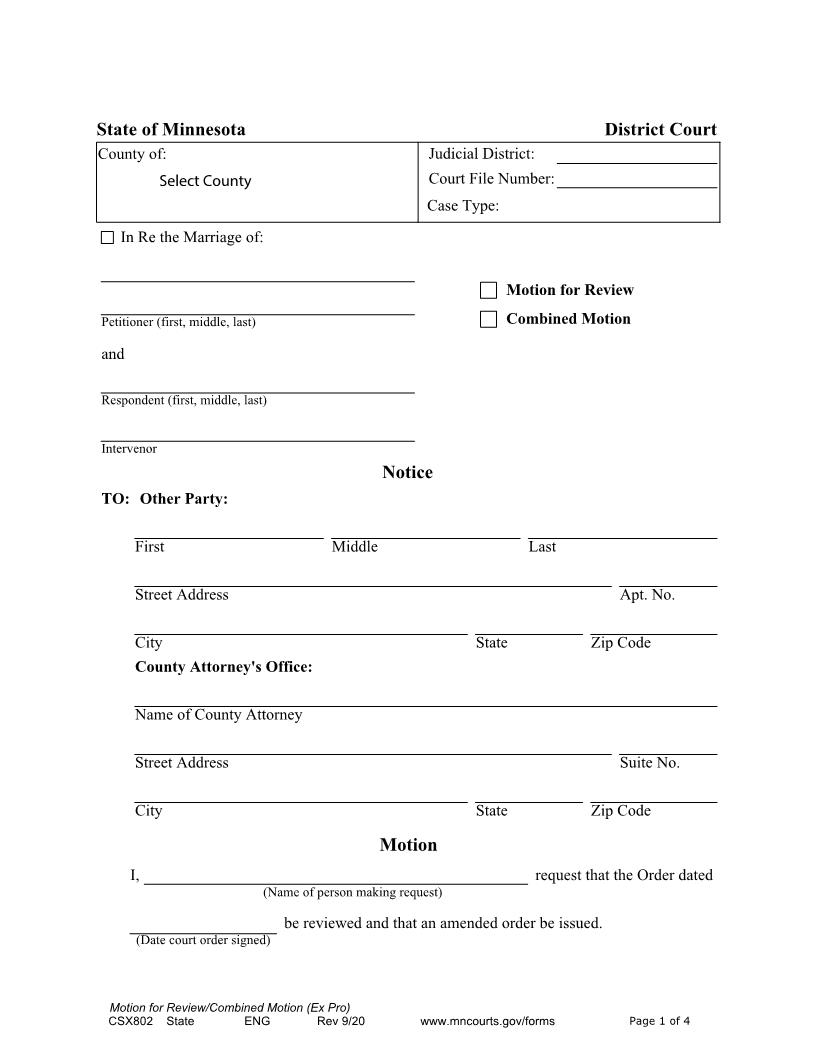 Motion For Review Or Combined Motion {CSX-802} | Pdf Fpdf Docx | Minnesota