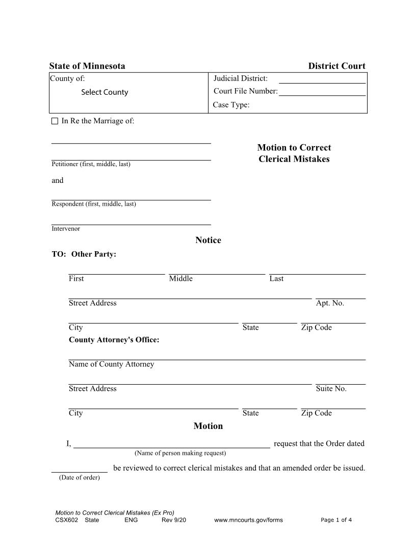 Motion To Correct Clerical Mistakes {CSX-602} | Pdf Fpdf Docx | Minnesota