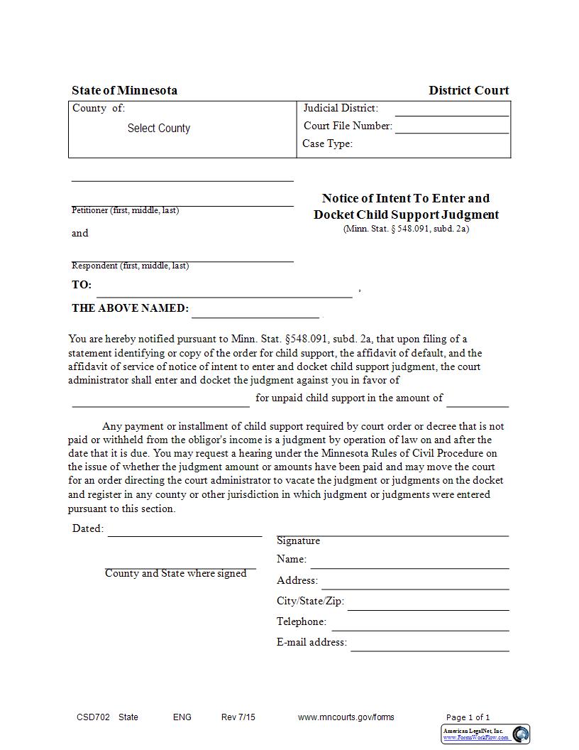 Notice Of Intent To Enter And Docket Child Support Judgment {CSD-702} | Pdf Fpdf Docx | Minnesota