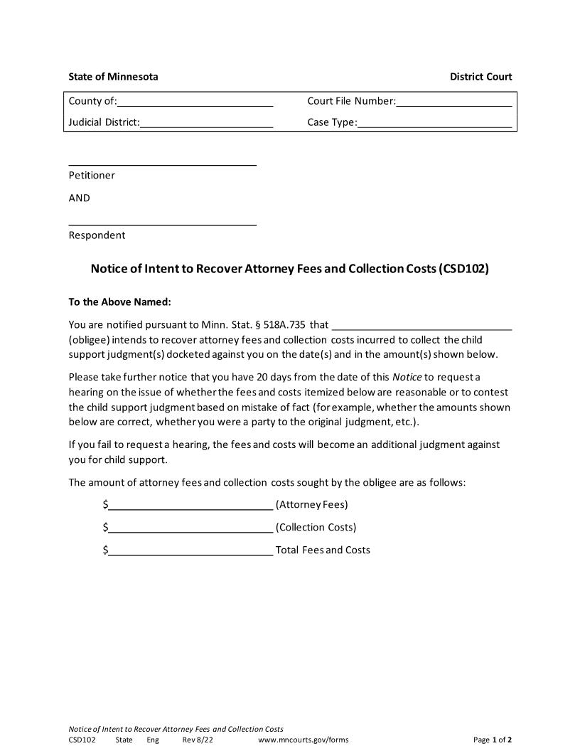Notice Of Intent To Recover Attorney Fees And Collection Costs {CSD-102} | Pdf Fpdf Docx | Minnesota