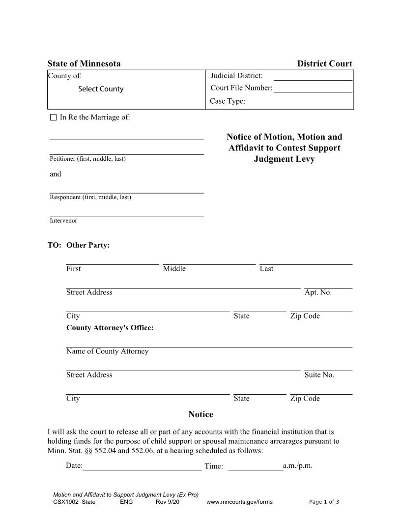 Notice Of Motion And Affidavit To Contest Support Judgment Levy {CSX-1002} | Pdf Fpdf Docx | Minnesota
