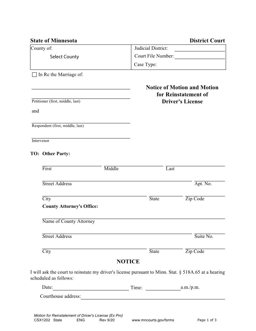 Notice Of Motion And Motion For Reinstatement Of Drivers License {CSX-1202} | Pdf Fpdf Docx | Minnesota