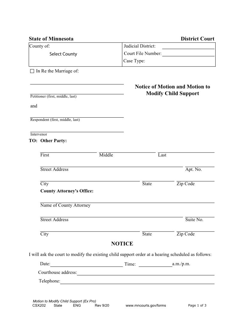 Notice Of Motion And Motion To Modify Child Support {CSX-202} | Pdf Fpdf Docx | Minnesota