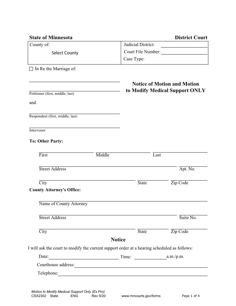 Notice Of Motion And Motion To Modify Medical Support Only {CSX-2302} | Pdf Fpdf Docx | Minnesota