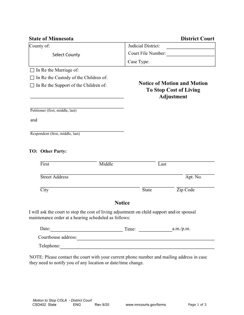 Notice Of Motion And Motion To Stop Cost Of Living Adjustment {CSD-402} | Pdf Fpdf Docx | Minnesota