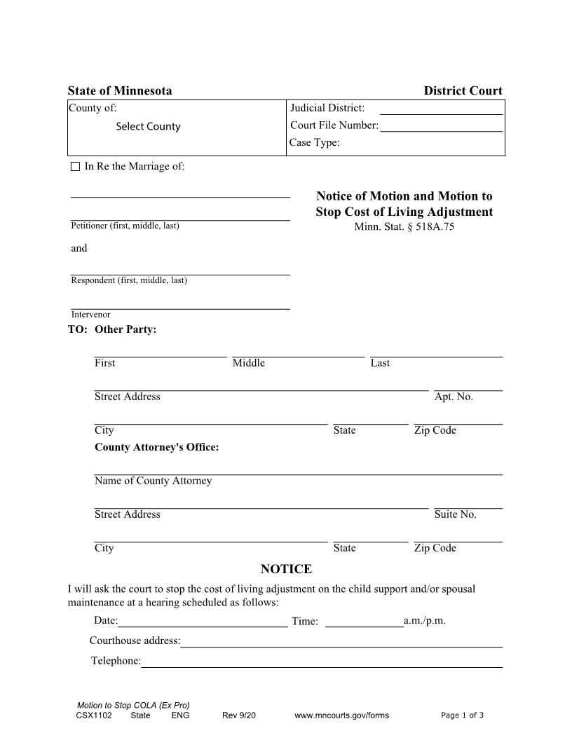 Notice Of Motion And Motion To Stop Cost Of Living Adjustment {CSX-1102} | Pdf Fpdf Docx | Minnesota