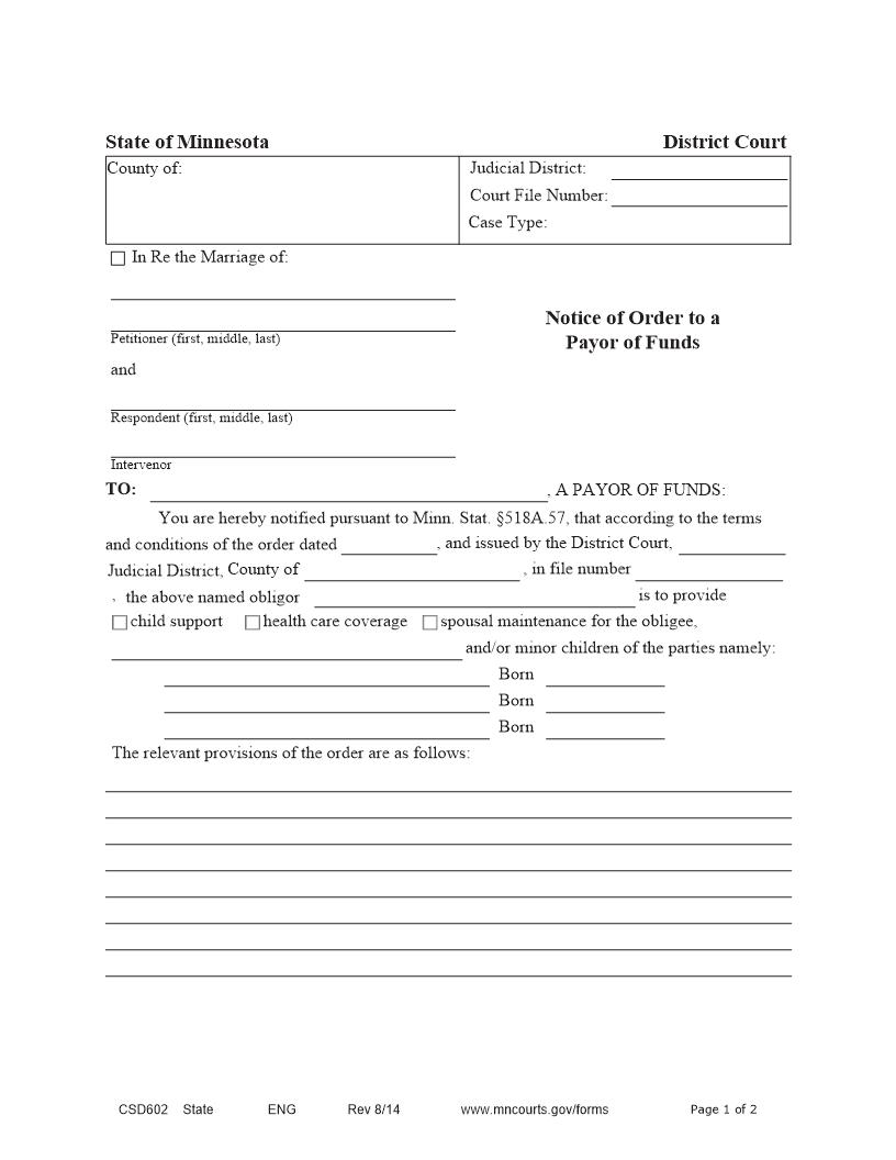 Notice Of Order To A Payor Of Funds {CSD-602} | Pdf Fpdf Docx | Minnesota