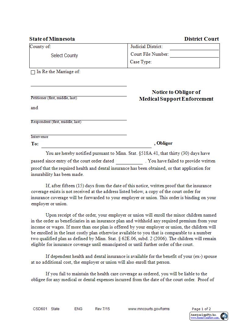 Notice To Obligor Of Medical Support Enforcement {CSD-601} | Pdf Fpdf Docx | Minnesota