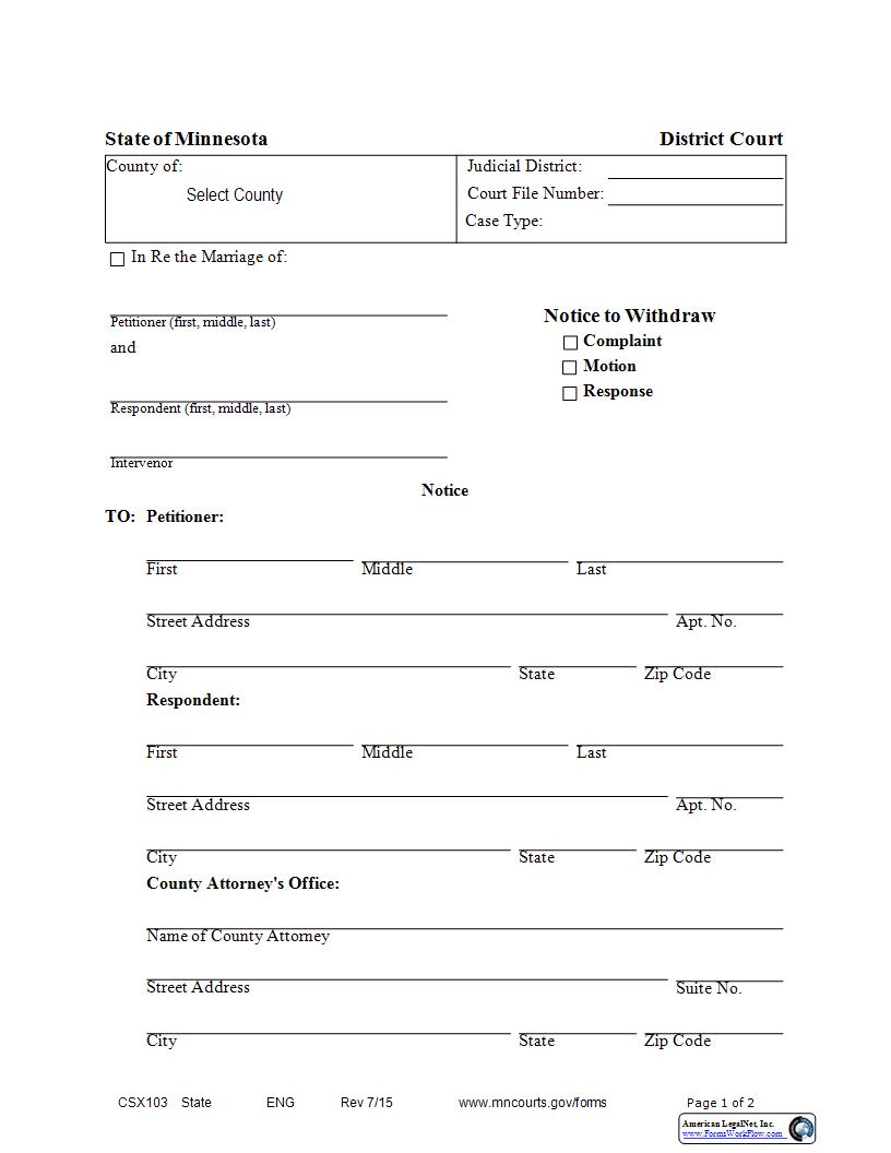 Notice To Withdraw Complaint Motion Or Response {CSX-103} | Pdf Fpdf Docx | Minnesota