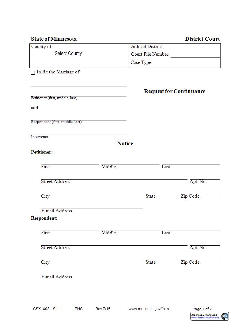Request For Continuance {CSX-1402} | Pdf Fpdf Docx | Minnesota