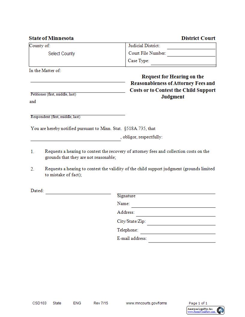 Request For Hearing On Reasonableness Of Attorney Fees And Costs {CSD-103} | Pdf Fpdf Docx | Minnesota
