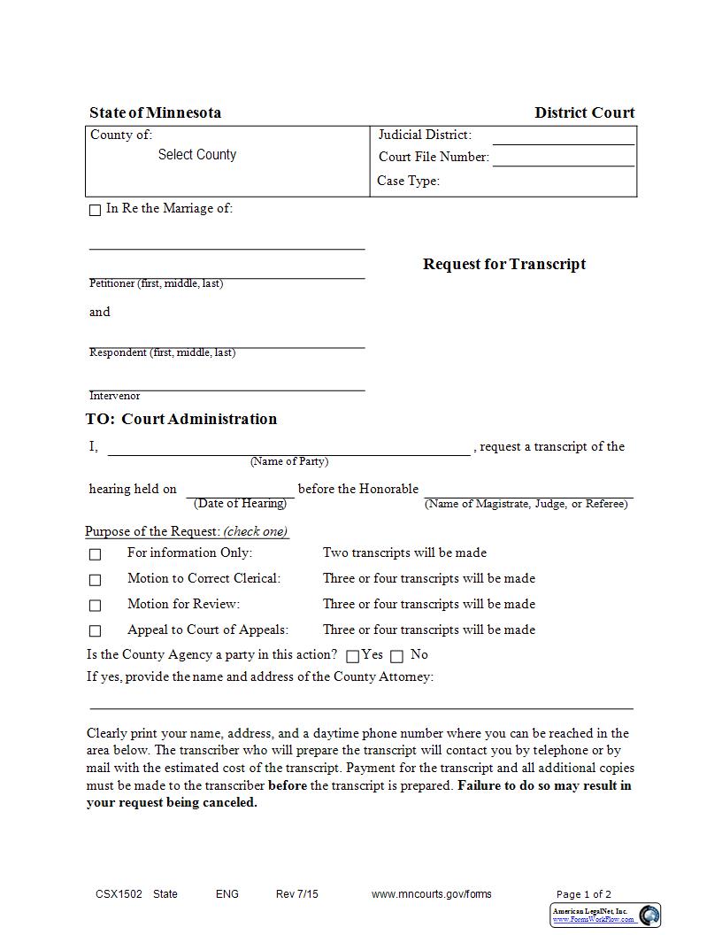 Request For Transcript {CSX-1502} | Pdf Fpdf Docx | Minnesota