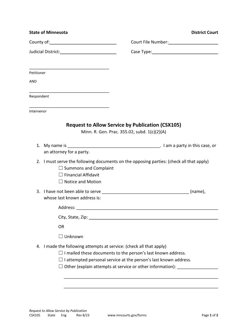 Request To Allow Service By Publication {CSX-105} | Pdf Fpdf Docx | Minnesota