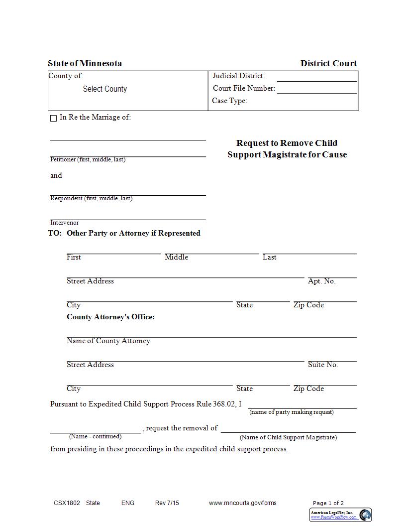 Request To Remove Child Support Magistrate For Cause {CSX-1802} | Pdf Fpdf Docx | Minnesota