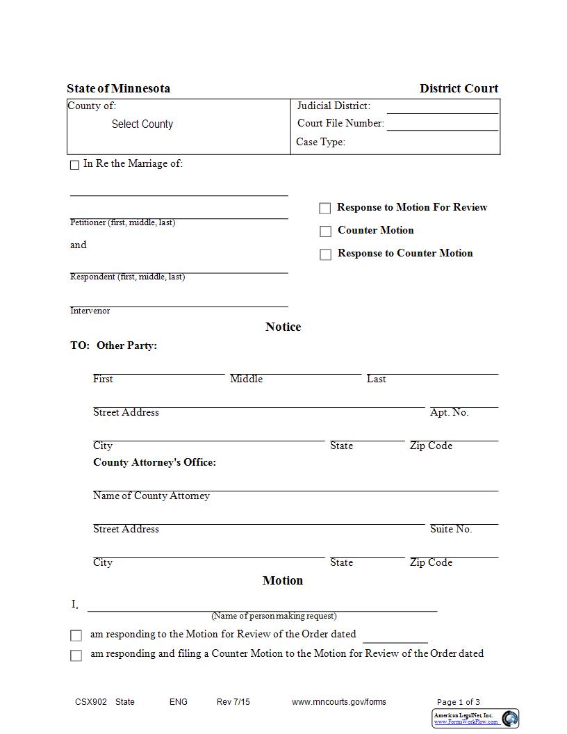 Response To Motion For Review Or Counter Motion Or Response To Counter Motion {CSX-902} | Pdf Fpdf Docx | Minnesota