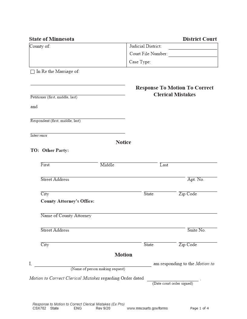 Response To Motion To Correct Clerical Mistakes {CSX-702} | Pdf Fpdf Docx | Minnesota
