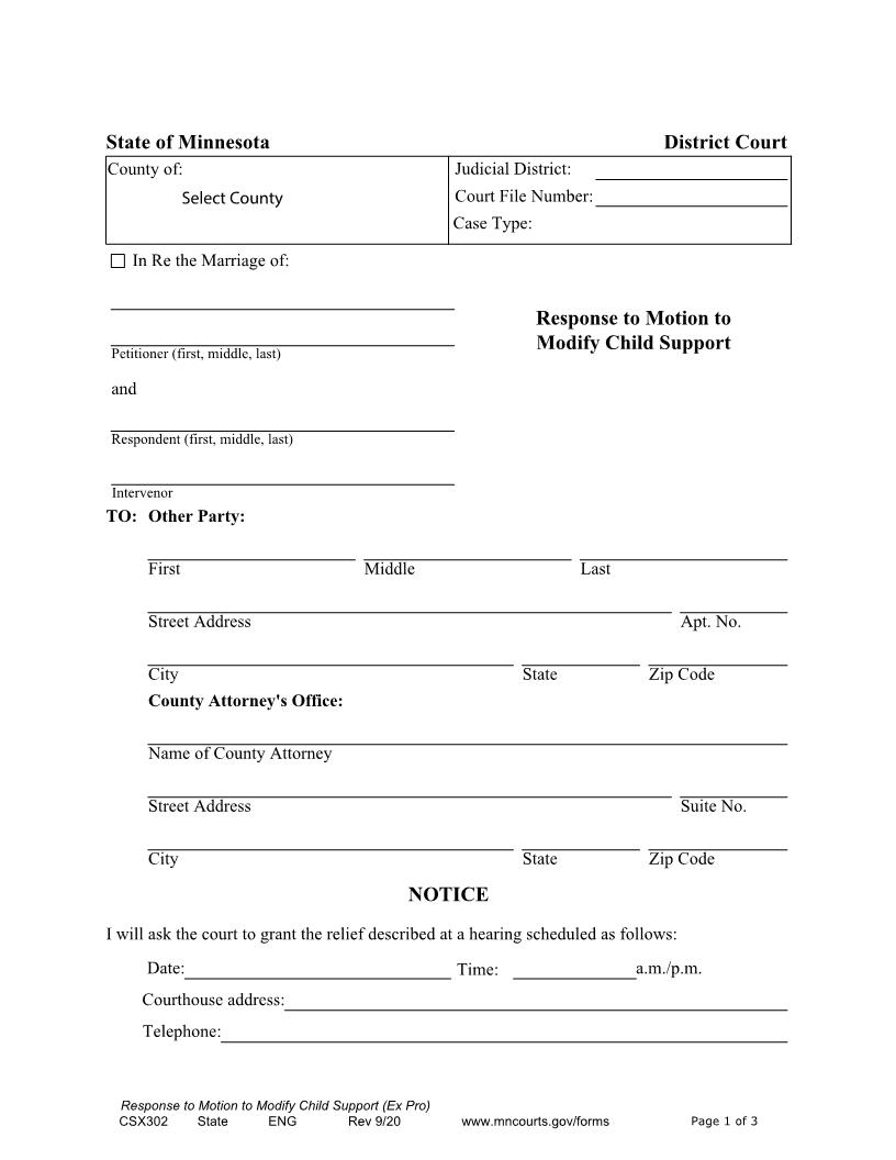 Response To Motion To Modify Child Support {CSX-302} | Pdf Fpdf Docx | Minnesota