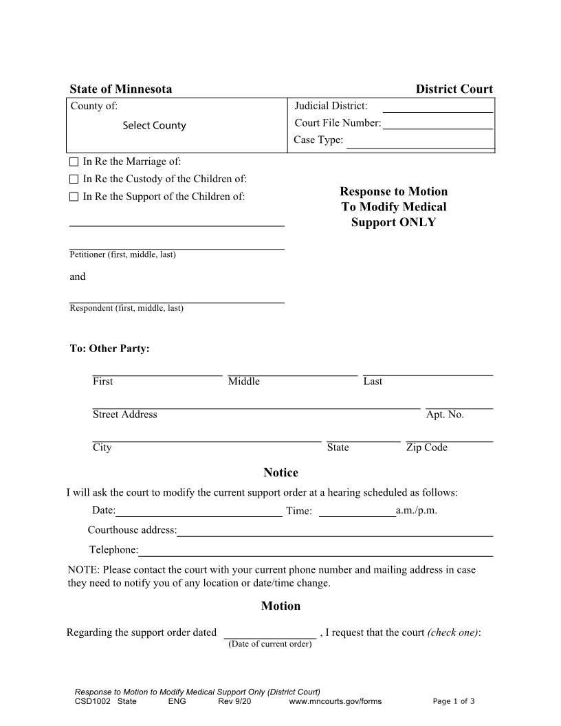 Response To Motion To Modify Medical Support Only {CSD-1002} | Pdf Fpdf Docx | Minnesota