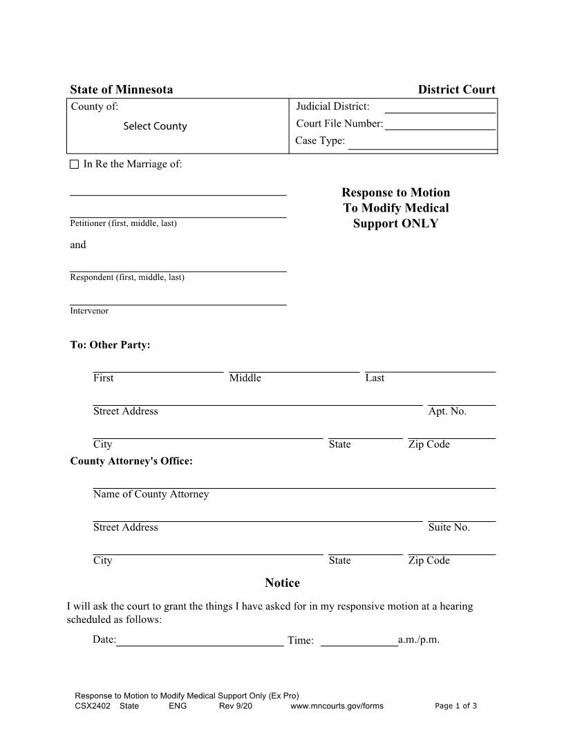 Response To Motion To Modify Medical Support Only {CSX-2402} | Pdf Fpdf Docx | Minnesota