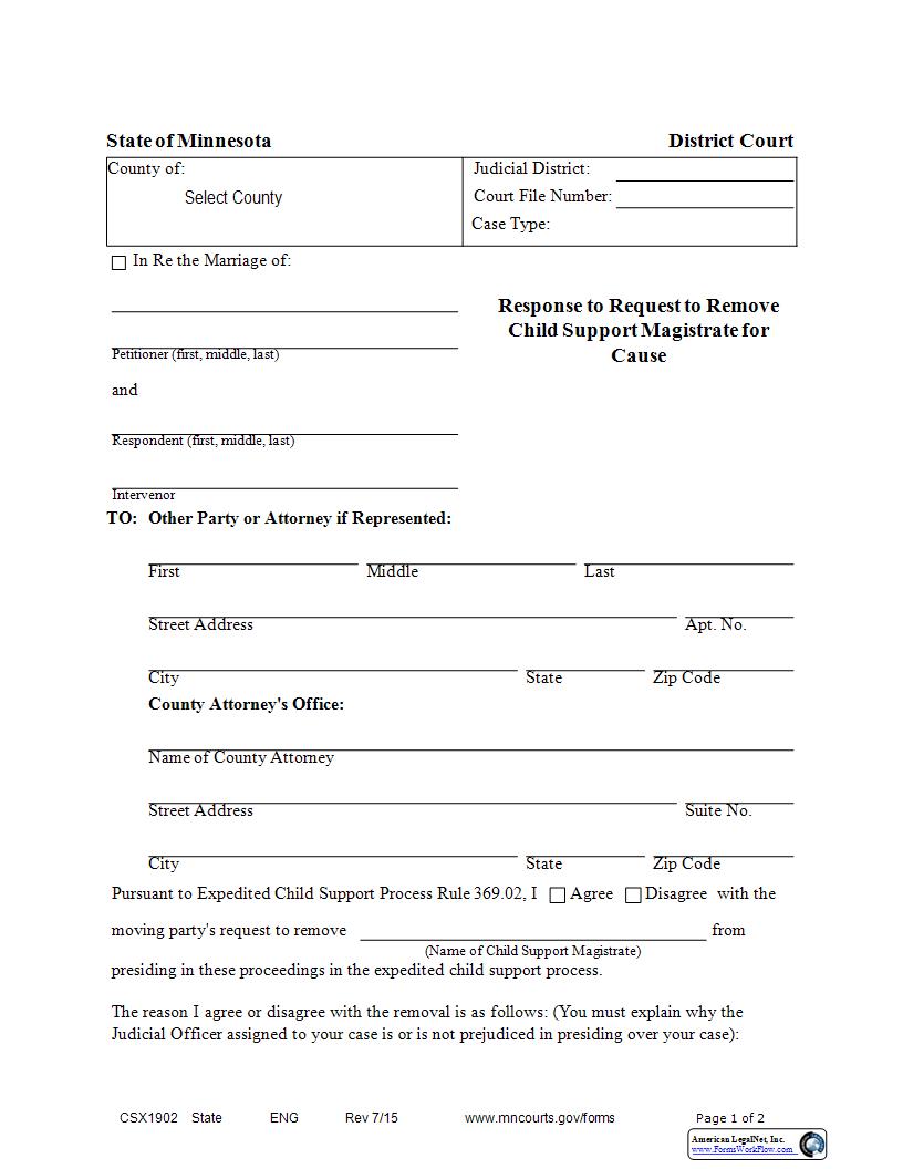 Response To Request To Remove Child Support Magistrate For Cause {CSX-1902} | Pdf Fpdf Docx | Minnesota