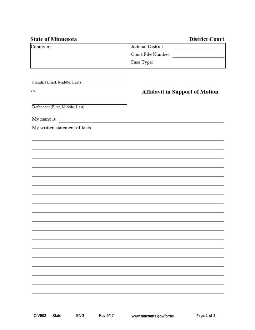 Affidavit In Support Of Motion {CIV-603} | Pdf Fpdf Docx | Minnesota