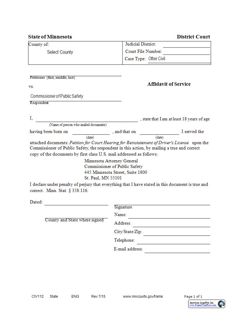 Affidavit Of Service (Reinstatement Of License) {CIV-112} | Pdf Fpdf Docx | Minnesota