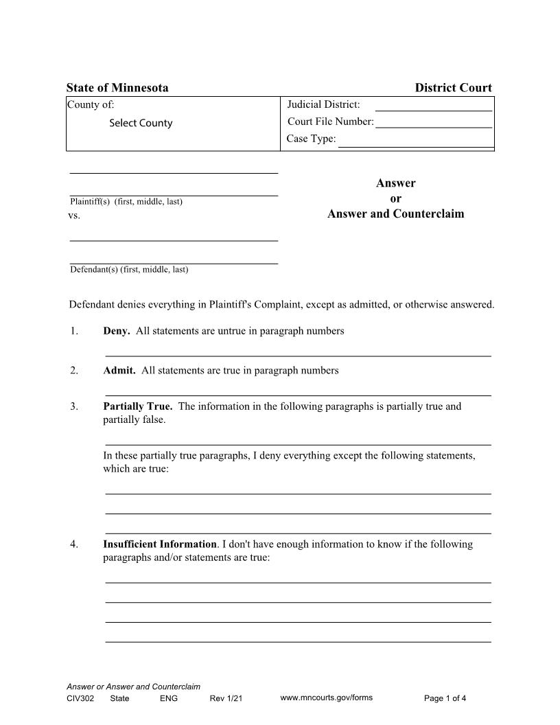 Answer Or Answer And Counterclaim {CIV-302} | Pdf Fpdf Docx | Minnesota