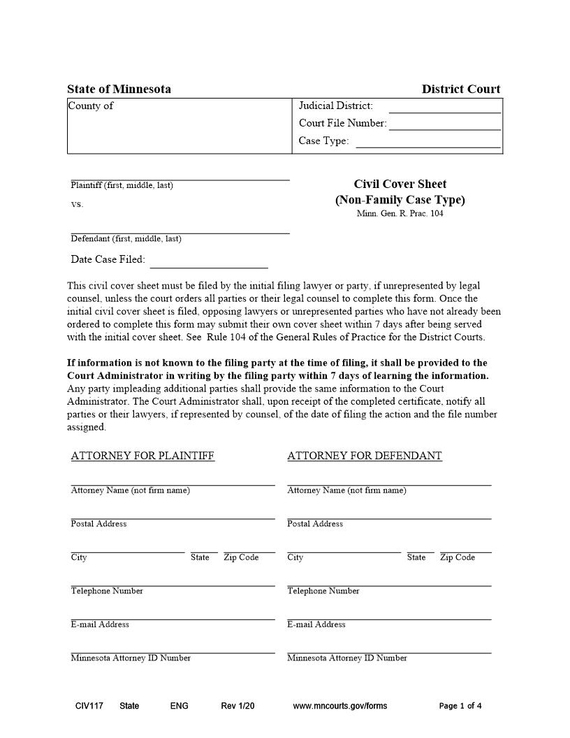 Civil Cover Sheet Non Family Case Type {CIV-117} | Pdf Fpdf Docx | Minnesota