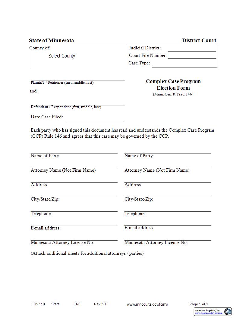 Complex Case Program Election Form {CIV-118} | Pdf Fpdf Docx | Minnesota